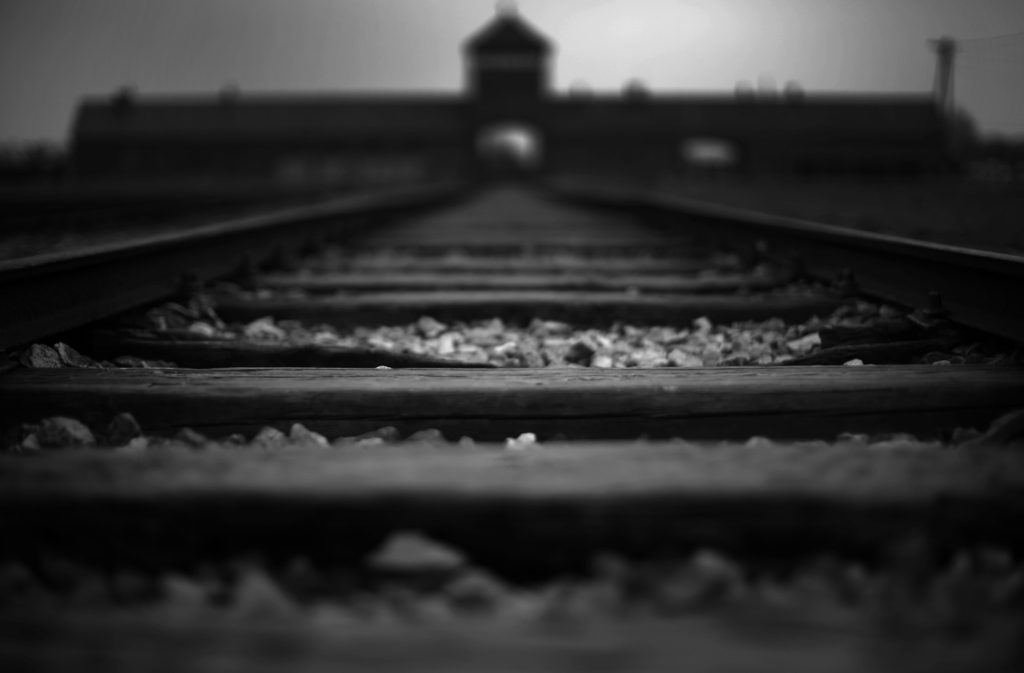 A railway track leads to the infamous 'Death Gate' at the Auschwitz II Birkenau extermination camp