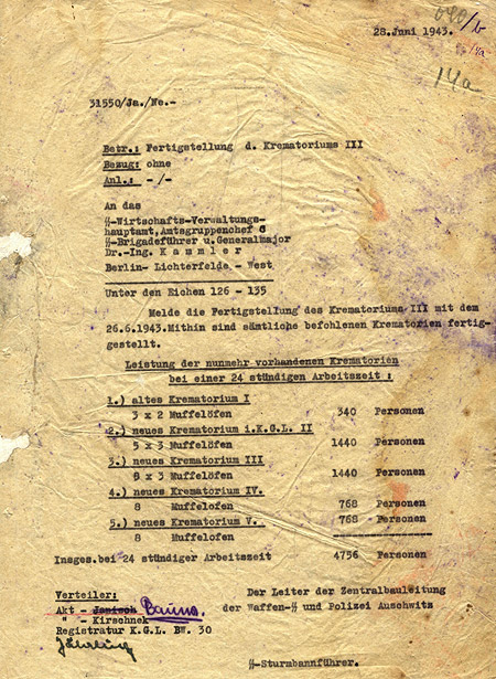 By Zentralbauleitung Auschwitz, Töpf & Söhne [Public domain], via Wikimedia Commons (https://commons.wikimedia.org/wiki/File%3ALeisung_der_Krematorien_in_24_Stunden_lt._Zenrralbauleitung_der_Waffen-SS.jpg)